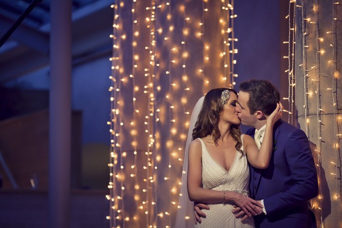 bride and groom wedding fairy light backdrop
