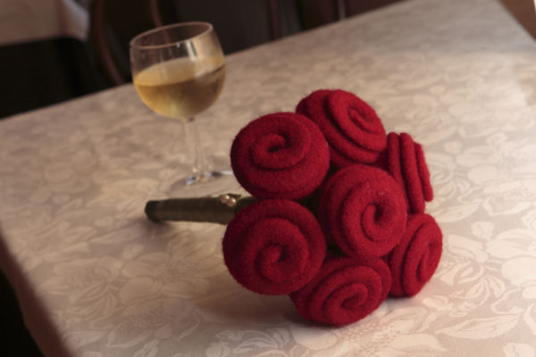 red wedding bouquet fabric