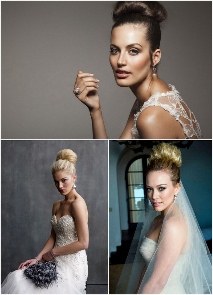 bride with high bun top knot hair